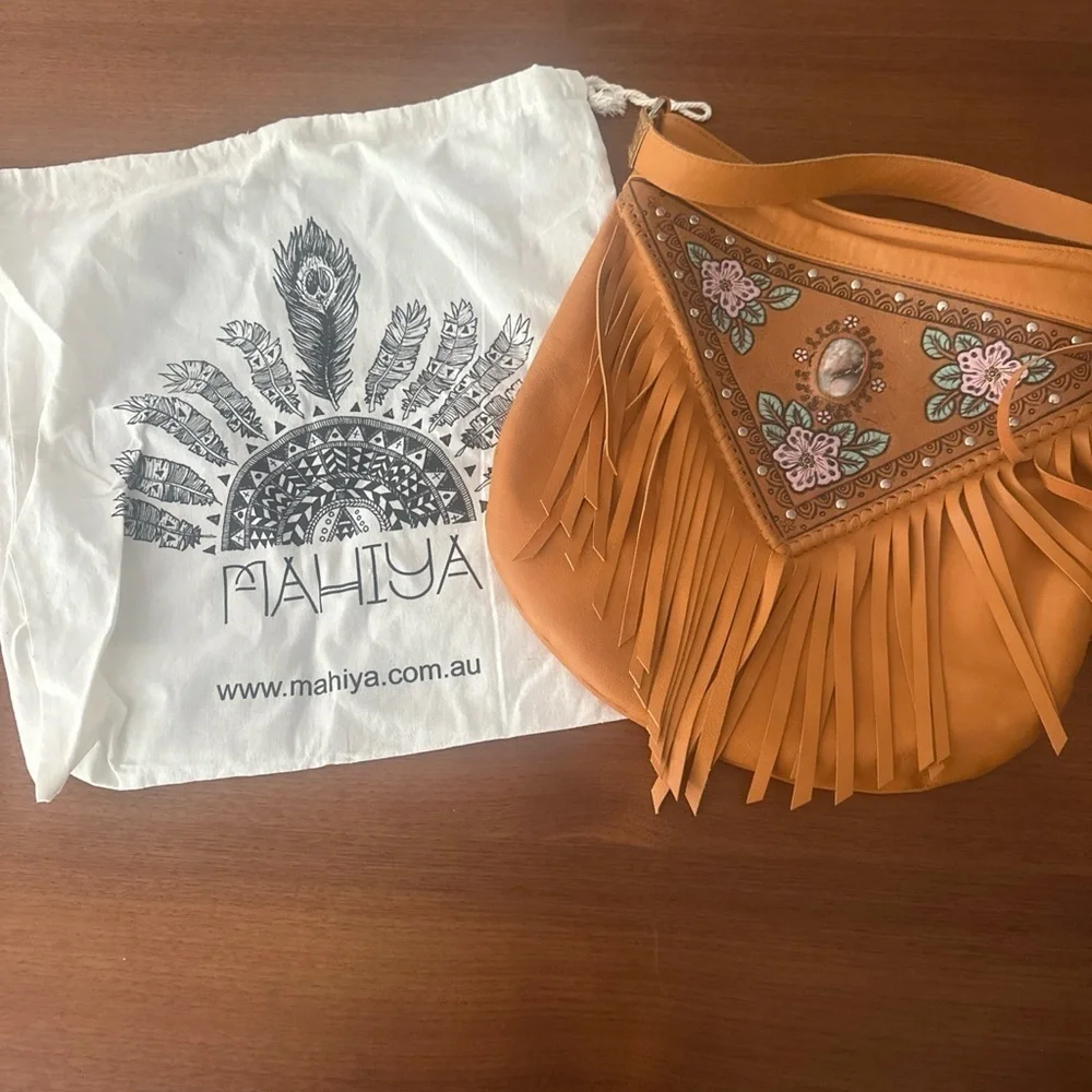 Mahiya Leather Tan Fringe Shoulder Bag with Floral Hand Tooling and Stone Inlay